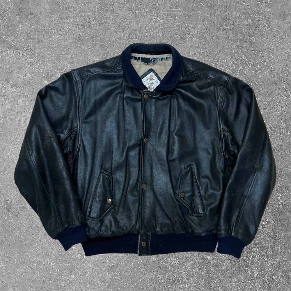 Chevignon Leather Bomber Jacket Mens Size M Navy Blue Vintage Varsity Aviator